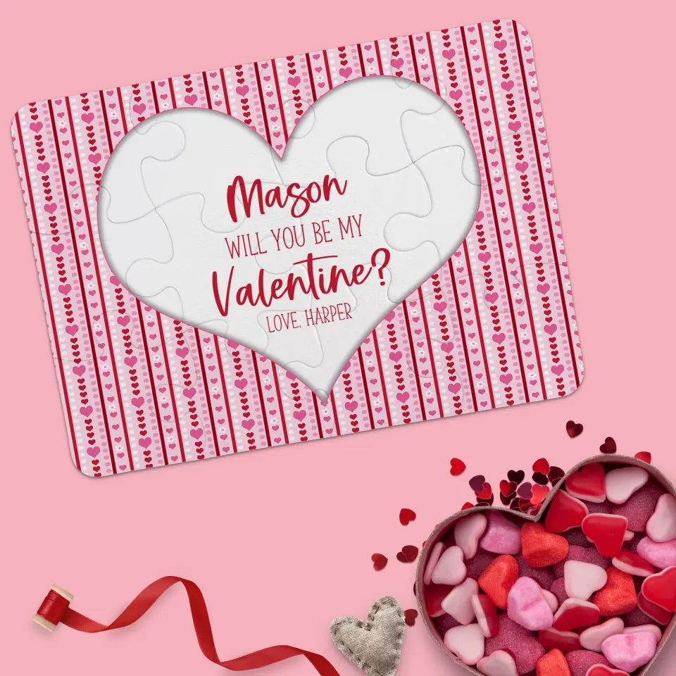 Will You Be My Valentine | Jigsaw Puzzle | Red & Pink Heart Stripes | Personalized | S'Berry Boutique