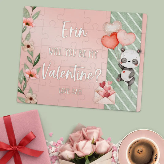 Will You Be My Valentine | Jigsaw Puzzle | Panda With Heart Balloons | Personalized | S'Berry Boutique