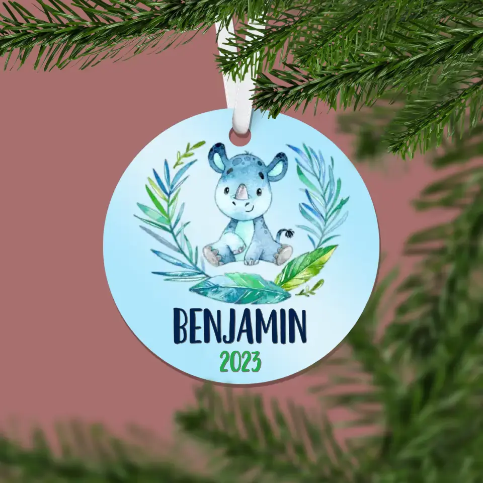 Rhinoceros Christmas Ornament | Blue | Boy | 2024 | Personalized | S'Berry Boutique