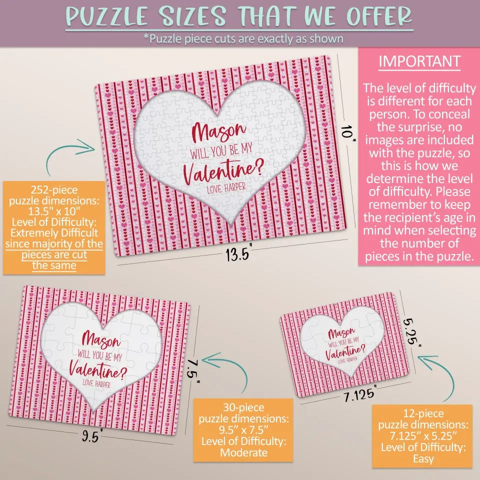 Will You Be My Valentine | Jigsaw Puzzle | Red & Pink Heart Stripes | Personalized | S'Berry Boutique