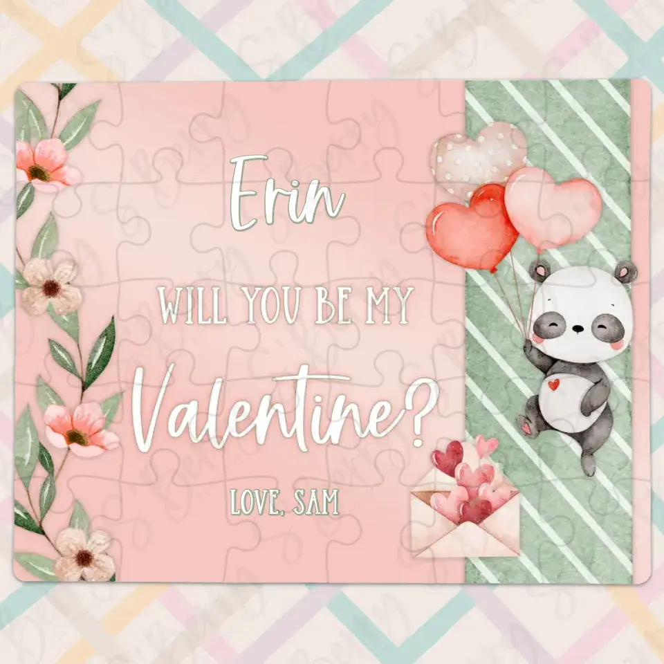 Will You Be My Valentine | Jigsaw Puzzle | Panda With Heart Balloons | Personalized | S'Berry Boutique