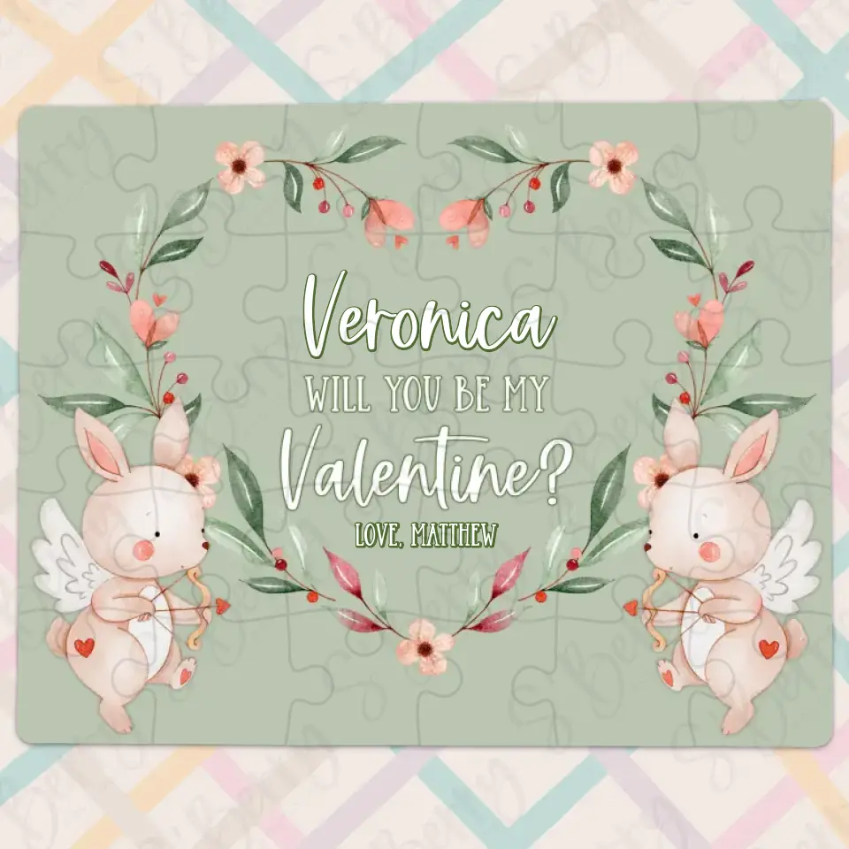 Will You Be My Valentine | Jigsaw Puzzle | Green with Bunny Cupids | Personalized | S'Berry Boutique