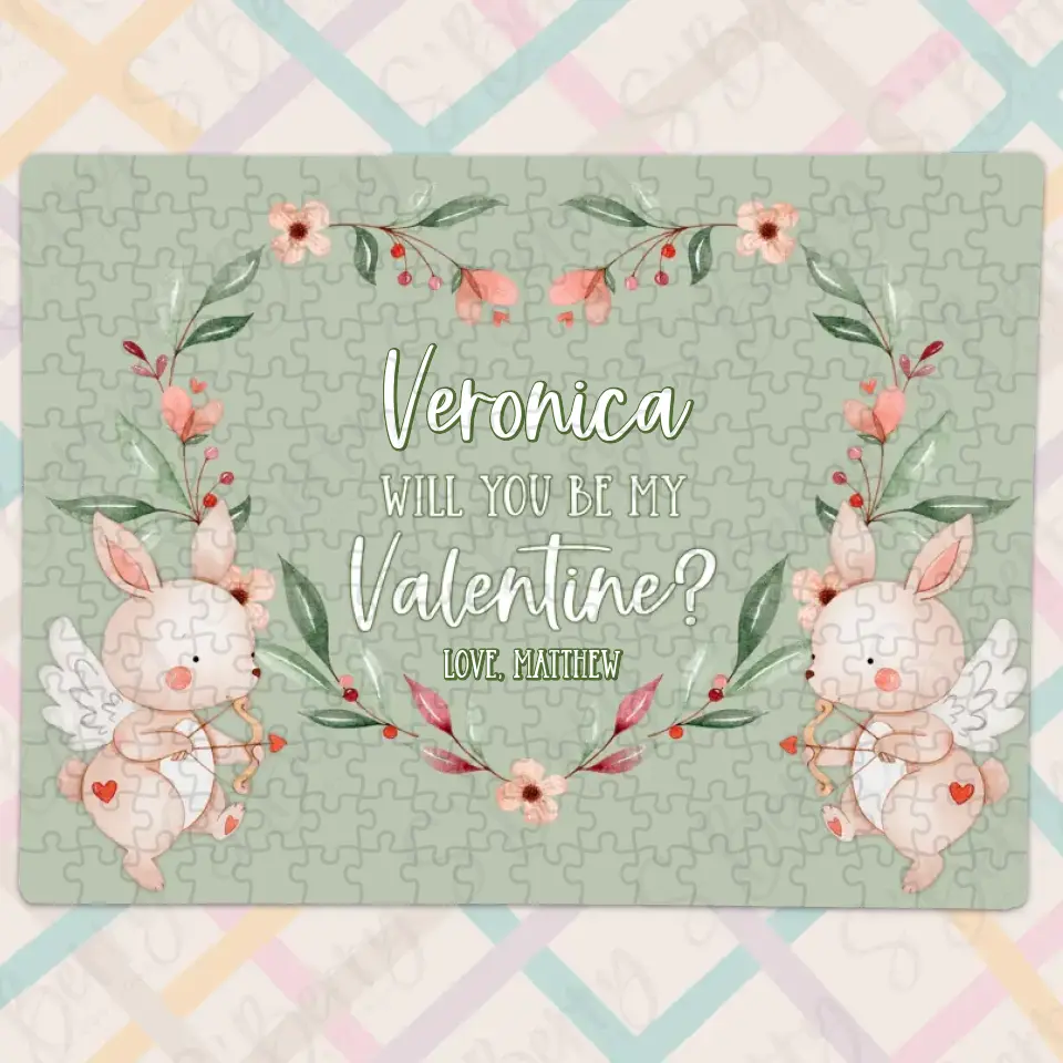 Will You Be My Valentine | Jigsaw Puzzle | Green with Bunny Cupids | Personalized | S'Berry Boutique