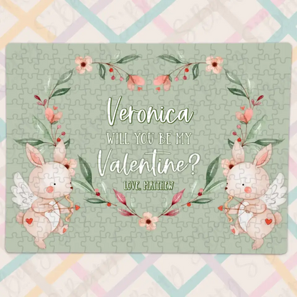 Will You Be My Valentine | Jigsaw Puzzle | Green with Bunny Cupids | Personalized | S'Berry Boutique