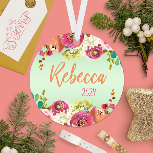 Floral Christmas Ornament | Green, Orange, Pink | 2024 | Personalized | S'Berry Boutique