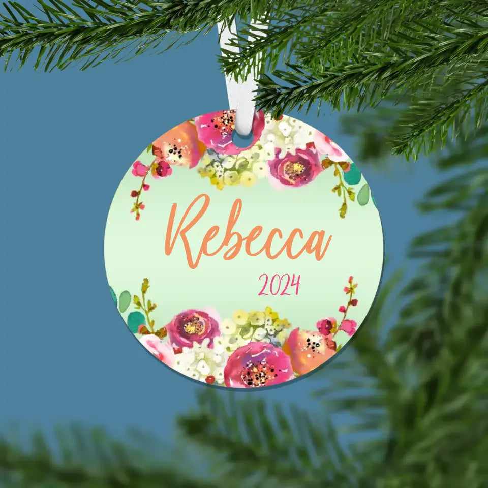Floral Christmas Ornament | Green, Orange, Pink | 2024 | Personalized | S'Berry Boutique