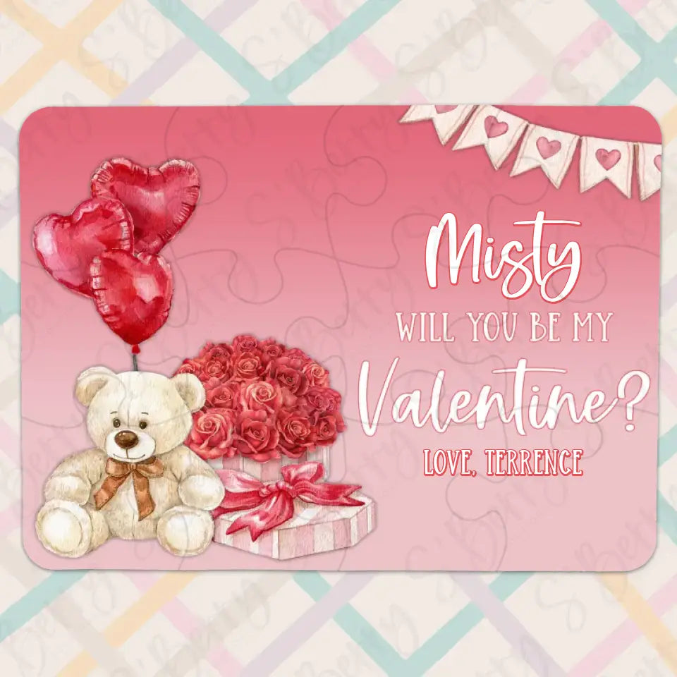 Will You Be My Valentine | Jigsaw Puzzle | Bear With Flowers & Heart Balloons | Personalized | S'Berry Boutique