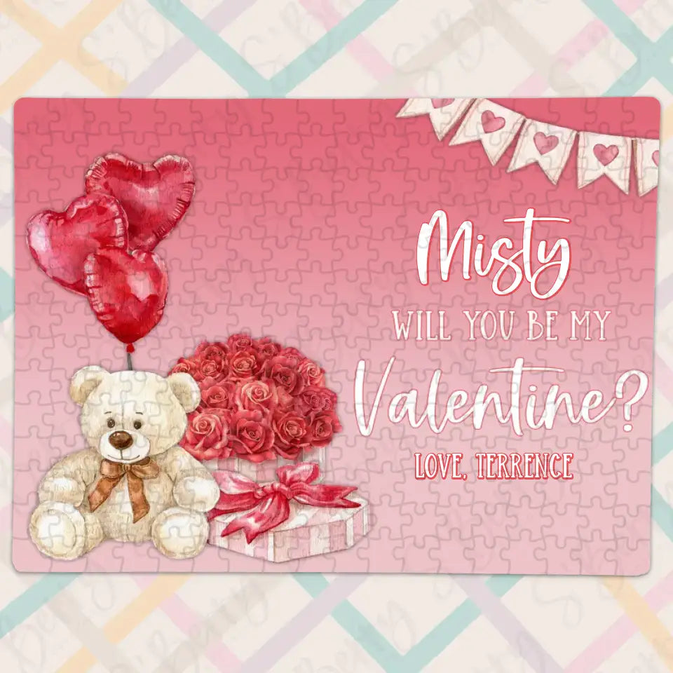 Will You Be My Valentine | Jigsaw Puzzle | Bear With Flowers & Heart Balloons | Personalized | S'Berry Boutique